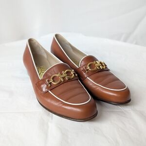 Salvatore Ferragamo Tan Leather Loafers with Gold Detail